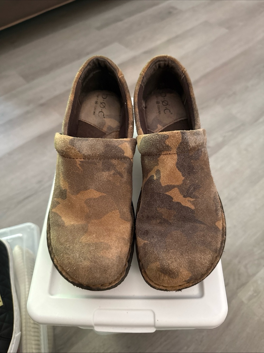 b.o.c. Brown Camo Suede Slip-On Clogs